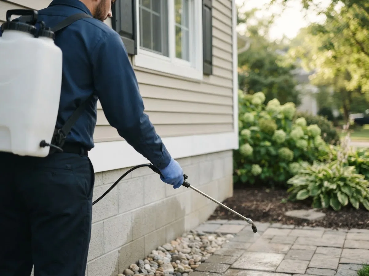 Pest control technician inspecting a home in Skipperville, AL